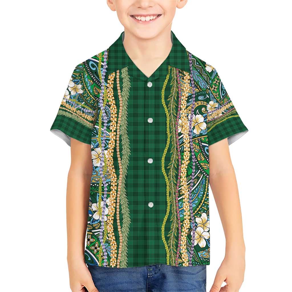 Hawaiian Art Flower Tribal with Lei Family Matching Short Sleeve Bodycon Dress and Hawaiian Shirt Palaka Pattern Green Color - Polynesian Pride