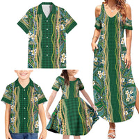 Hawaiian Art Flower Tribal with Lei Family Matching Summer Maxi Dress and Hawaiian Shirt Palaka Pattern Green Color - Polynesian Pride