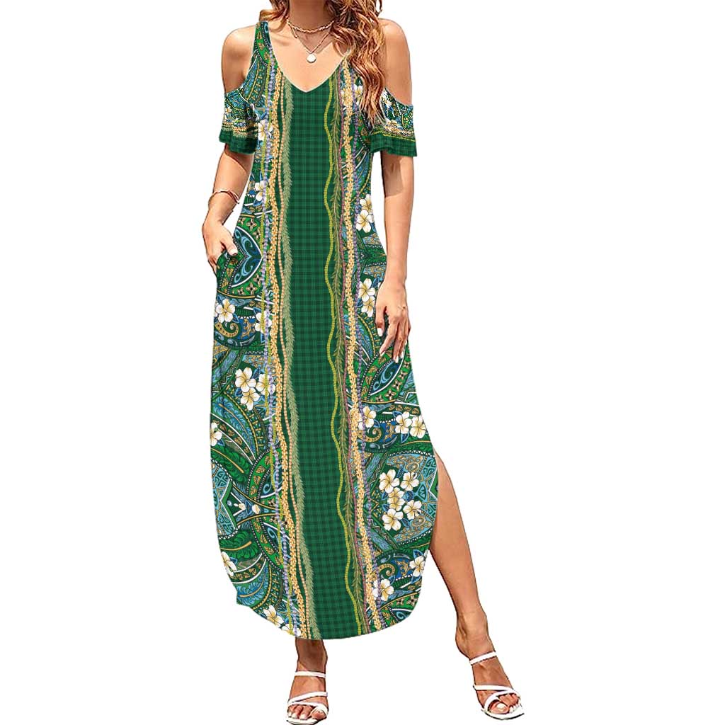 Hawaiian Art Flower Tribal with Lei Family Matching Summer Maxi Dress and Hawaiian Shirt Palaka Pattern Green Color - Polynesian Pride