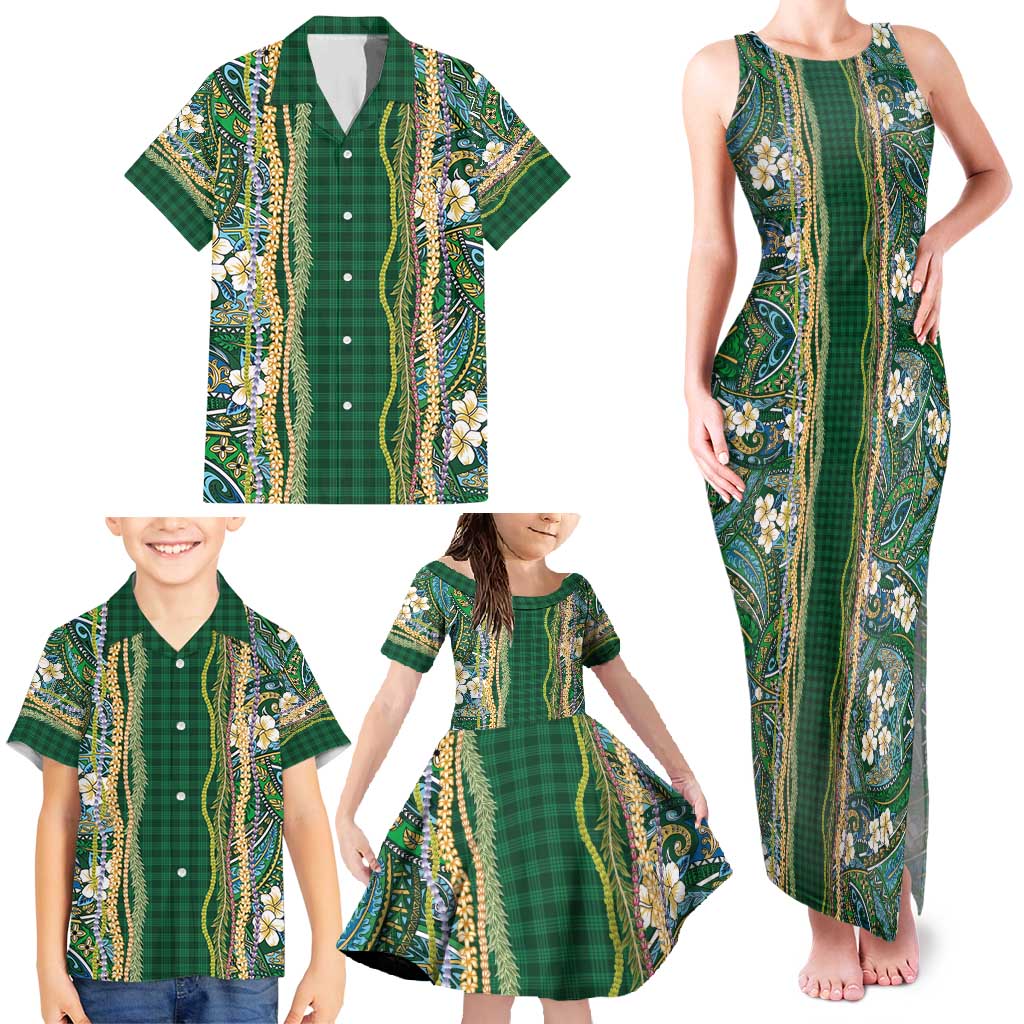 Hawaiian Art Flower Tribal with Lei Family Matching Tank Maxi Dress and Hawaiian Shirt Palaka Pattern Green Color - Polynesian Pride