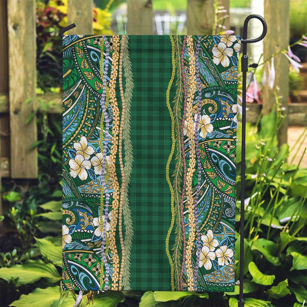 Hawaiian Art Flower Tribal with Lei Garden Flag Palaka Pattern Green Color - Polynesian Pride