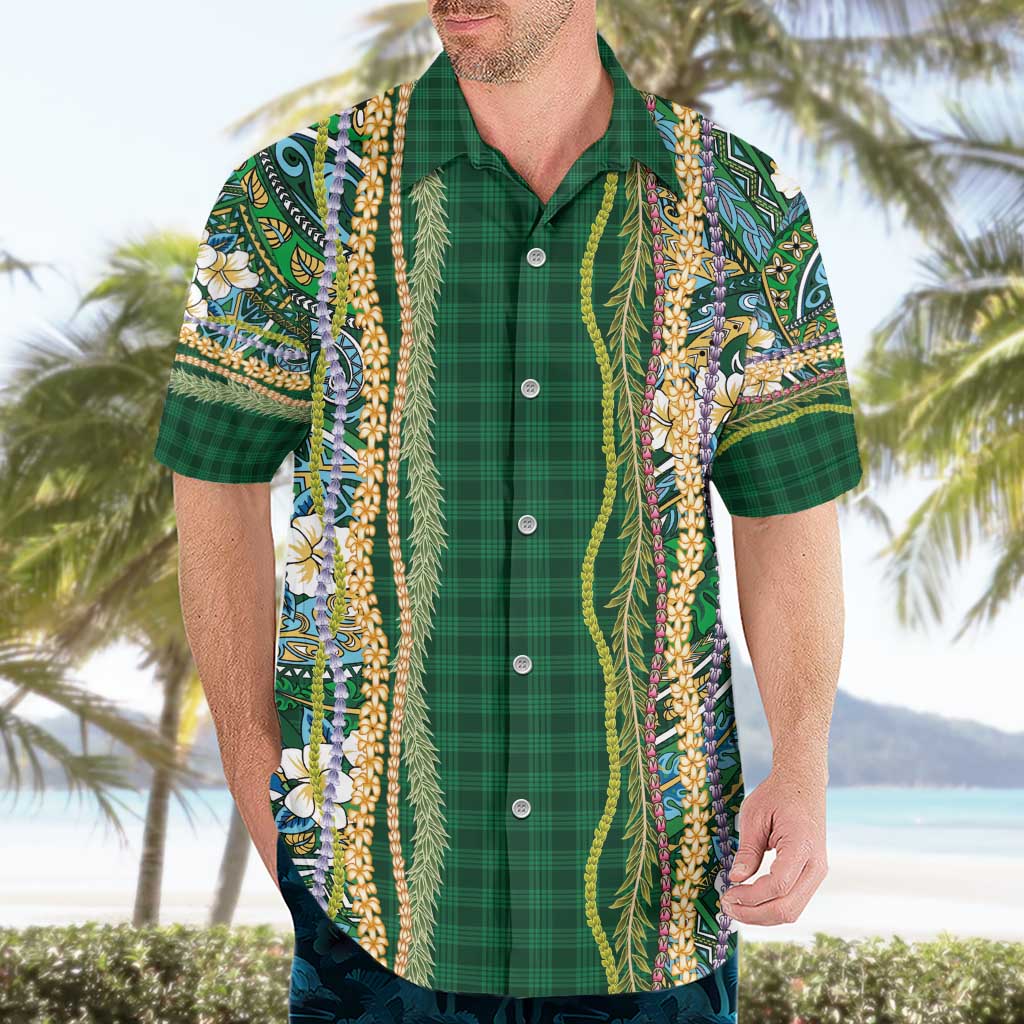 Hawaiian Art Flower Tribal with Lei Hawaiian Shirt Palaka Pattern Green Color - Polynesian Pride