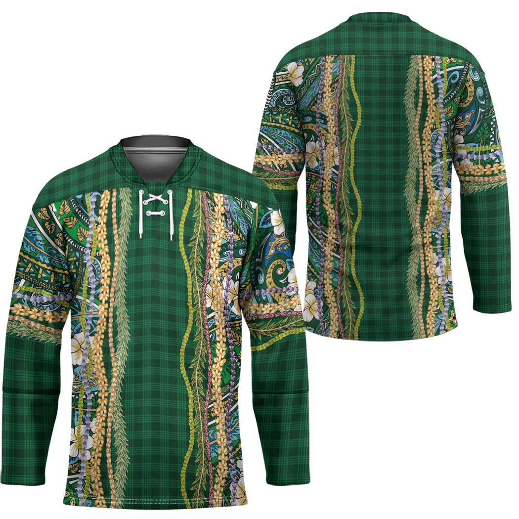 Hawaiian Art Flower Tribal with Lei Hockey Jersey Palaka Pattern Green Color - Polynesian Pride