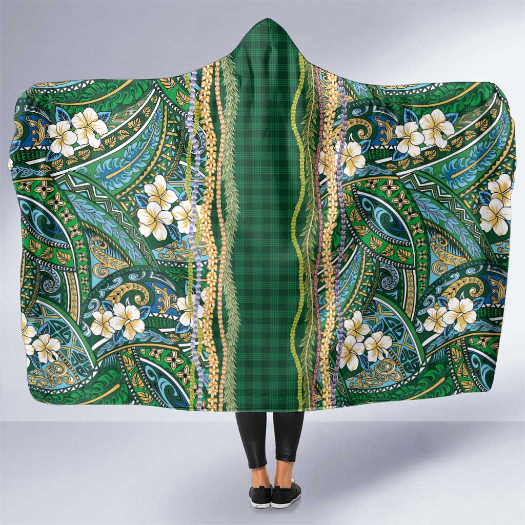 Hawaiian Art Flower Tribal with Lei Hooded Blanket Palaka Pattern Green Color LT03 One Size Green - Polynesian Pride