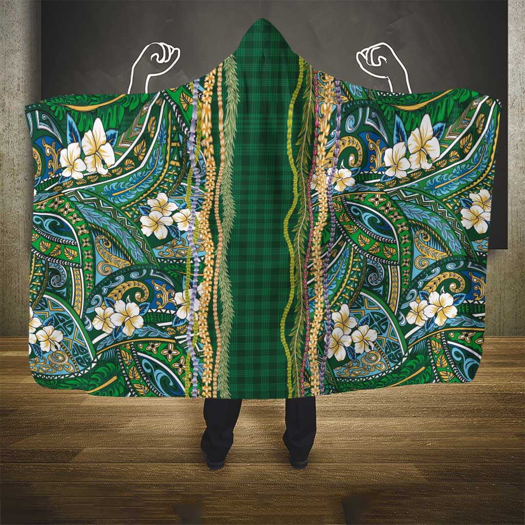 Hawaiian Art Flower Tribal with Lei Hooded Blanket Palaka Pattern Green Color LT03 - Polynesian Pride