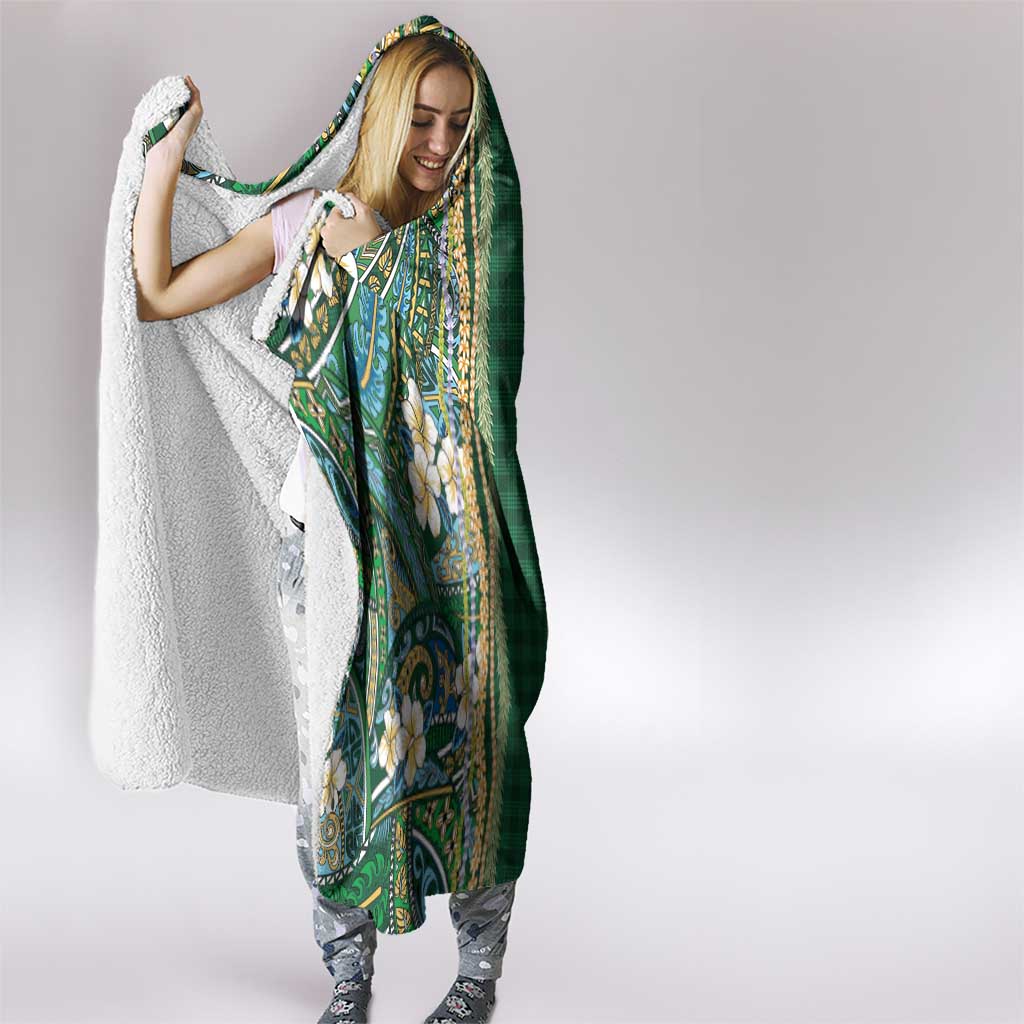 Hawaiian Art Flower Tribal with Lei Hooded Blanket Palaka Pattern Green Color LT03 - Polynesian Pride