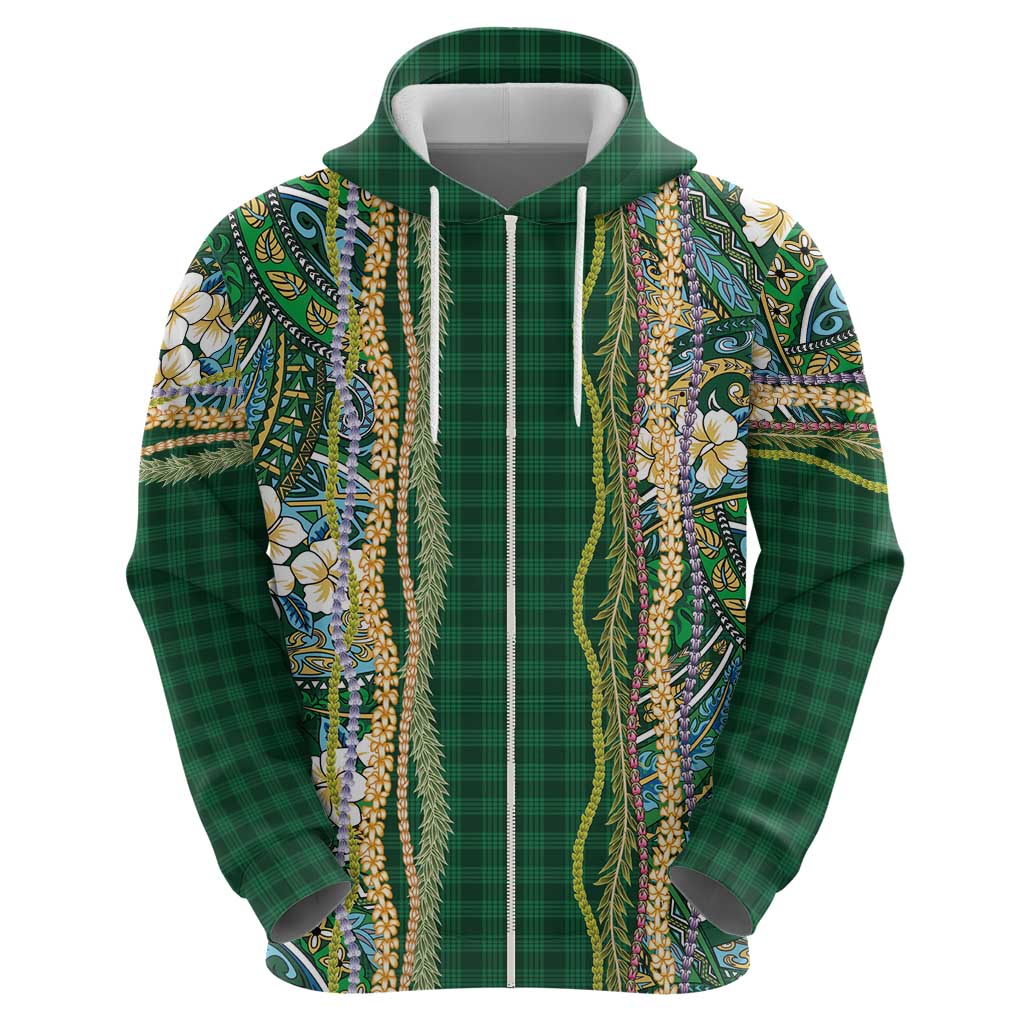 Hawaiian Art Flower Tribal with Lei Hoodie Palaka Pattern Green Color - Polynesian Pride