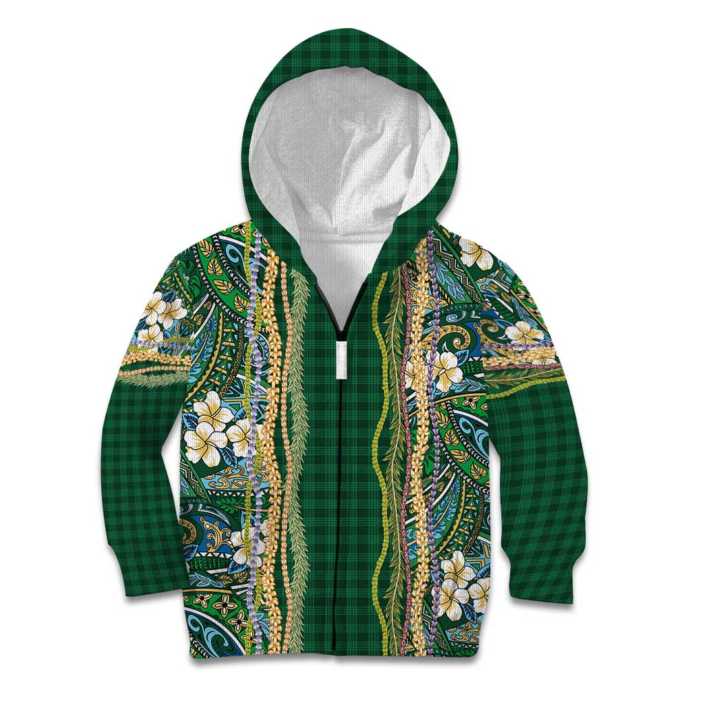 Hawaiian Art Flower Tribal with Lei Kid Hoodie Palaka Pattern Green Color - Polynesian Pride