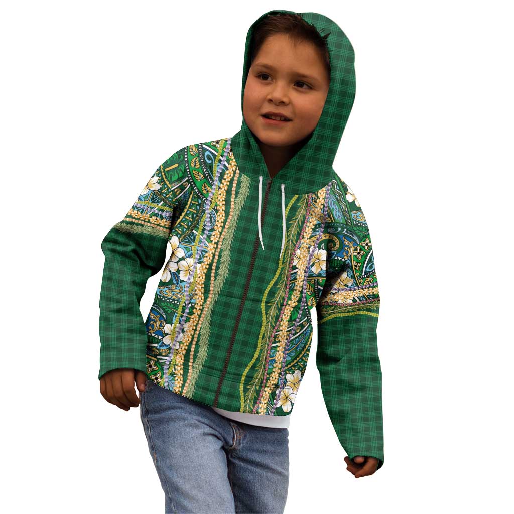 Hawaiian Art Flower Tribal with Lei Kid Hoodie Palaka Pattern Green Color - Polynesian Pride