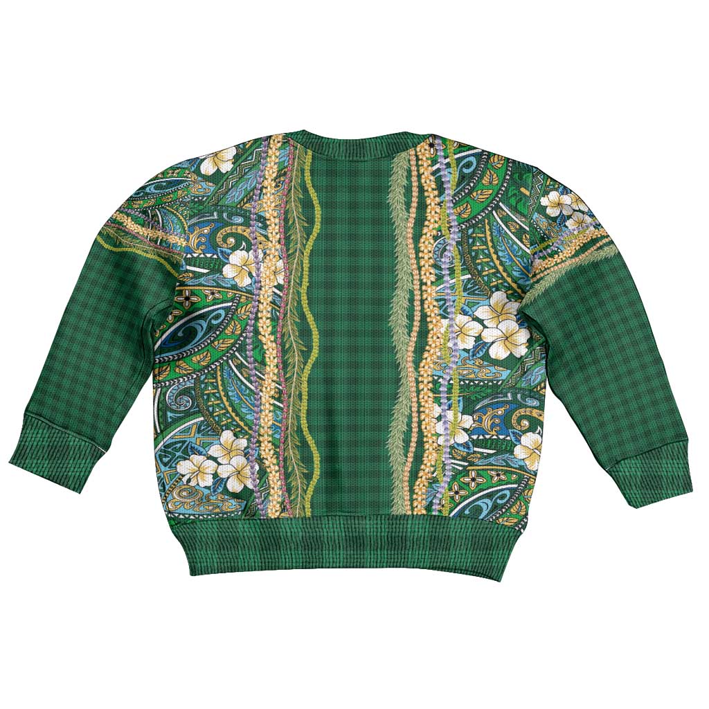 Hawaiian Art Flower Tribal with Lei Kid Ugly Christmas Sweater Palaka Pattern Green Color - Polynesian Pride
