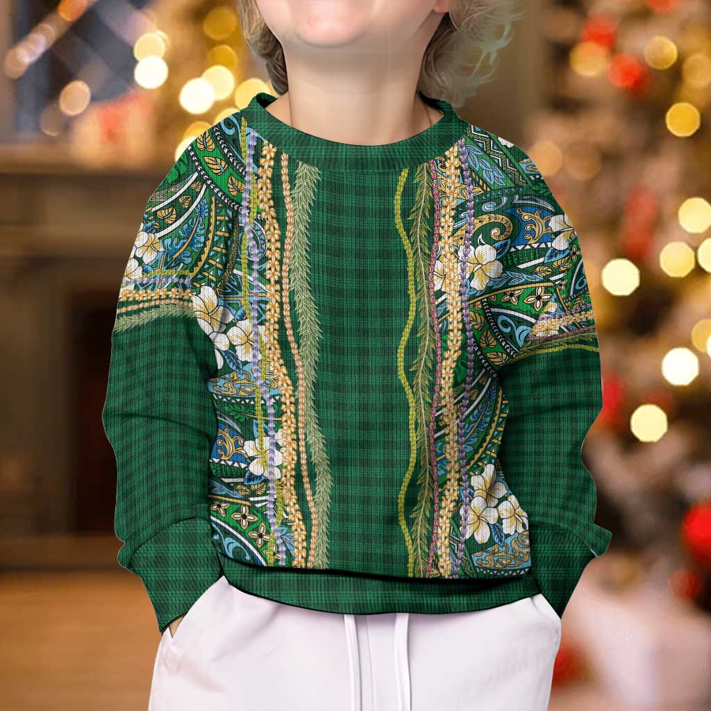 Hawaiian Art Flower Tribal with Lei Kid Ugly Christmas Sweater Palaka Pattern Green Color - Polynesian Pride