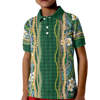 Hawaiian Art Flower Tribal with Lei Kid Polo Shirt Palaka Pattern Green Color - Polynesian Pride