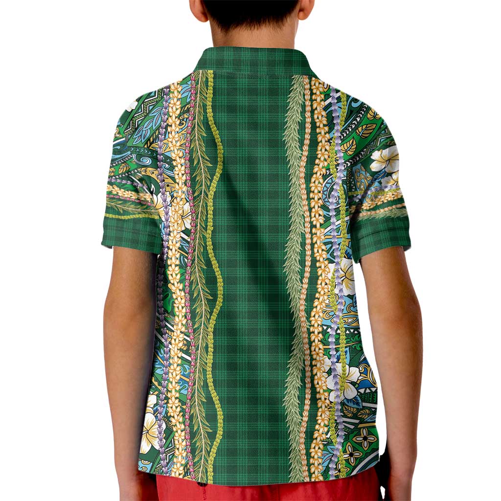 Hawaiian Art Flower Tribal with Lei Kid Polo Shirt Palaka Pattern Green Color - Polynesian Pride