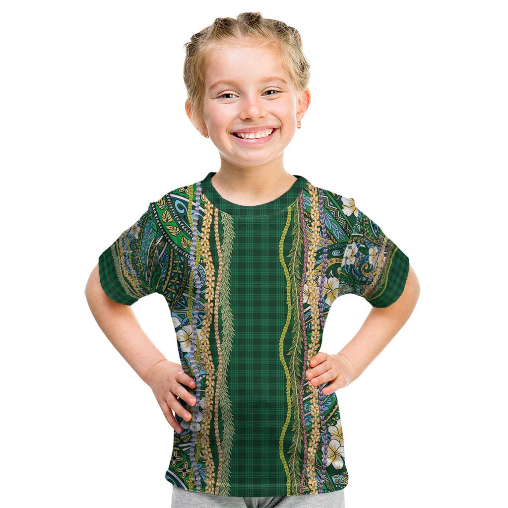 Hawaiian Art Flower Tribal with Lei Kid T Shirt Palaka Pattern Green Color - Polynesian Pride