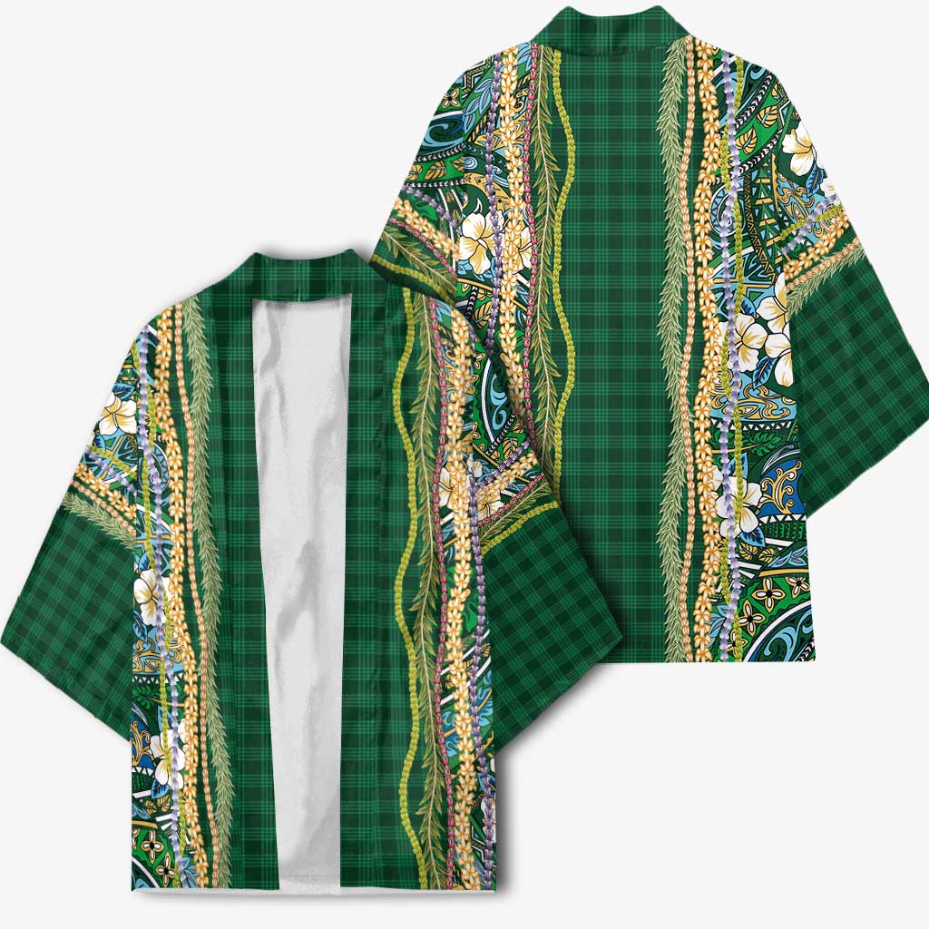 Hawaiian Art Flower Tribal with Lei Kimono Palaka Pattern Green Color - Polynesian Pride
