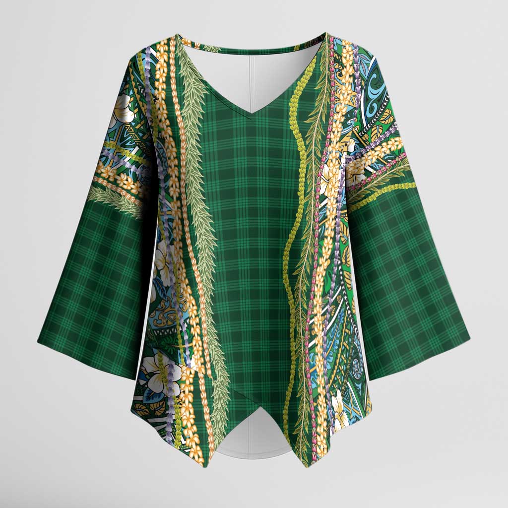 Hawaiian Art Flower Tribal with Lei Kimono Sleeve Blouse Palaka Pattern Green Color LT03 Female Green - Polynesian Pride