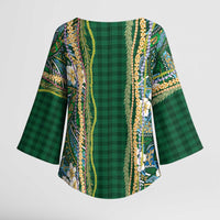 Hawaiian Art Flower Tribal with Lei Kimono Sleeve Blouse Palaka Pattern Green Color LT03 - Polynesian Pride