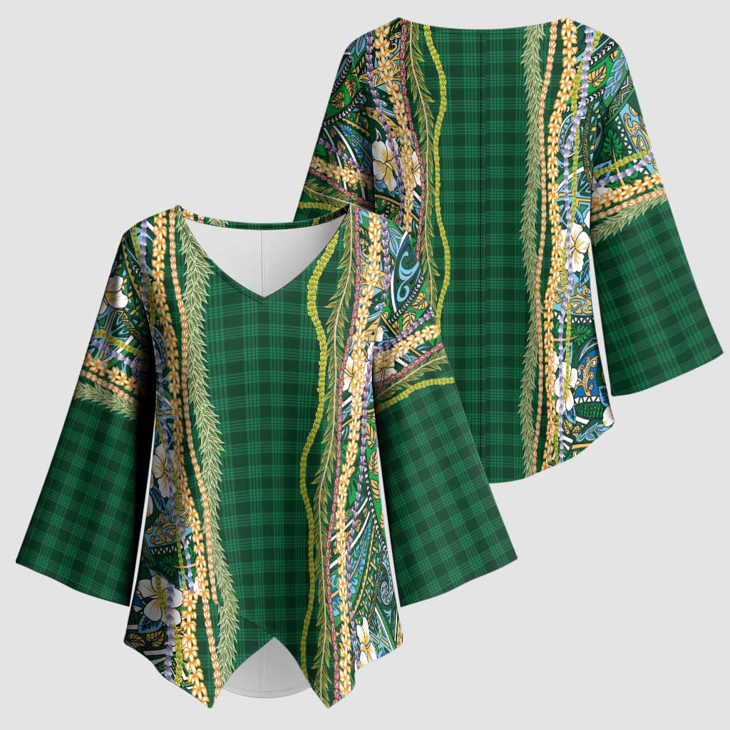 Hawaiian Art Flower Tribal with Lei Kimono Sleeve Blouse Palaka Pattern Green Color LT03 - Polynesian Pride