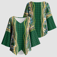 Hawaiian Art Flower Tribal with Lei Kimono Sleeve Blouse Palaka Pattern Green Color LT03 - Polynesian Pride