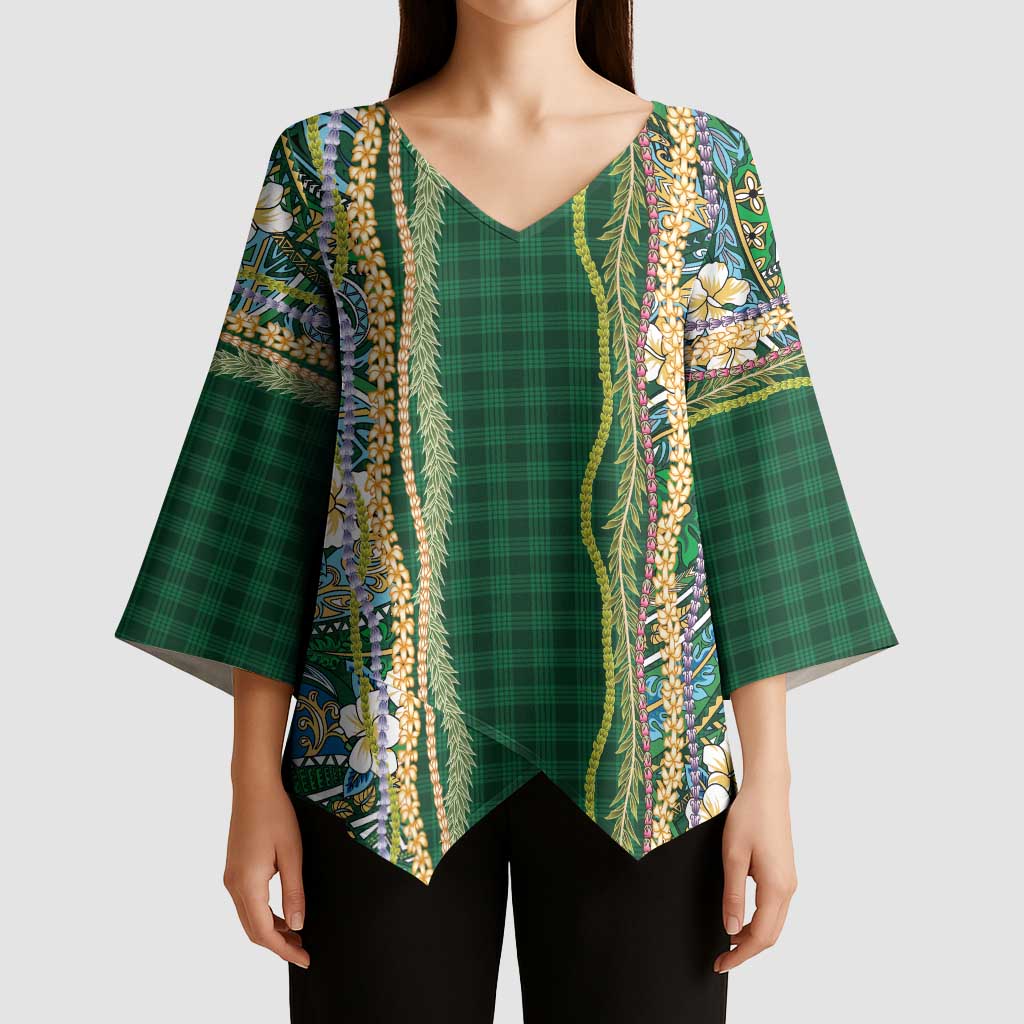 Hawaiian Art Flower Tribal with Lei Kimono Sleeve Blouse Palaka Pattern Green Color LT03 - Polynesian Pride