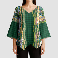 Hawaiian Art Flower Tribal with Lei Kimono Sleeve Blouse Palaka Pattern Green Color LT03 - Polynesian Pride