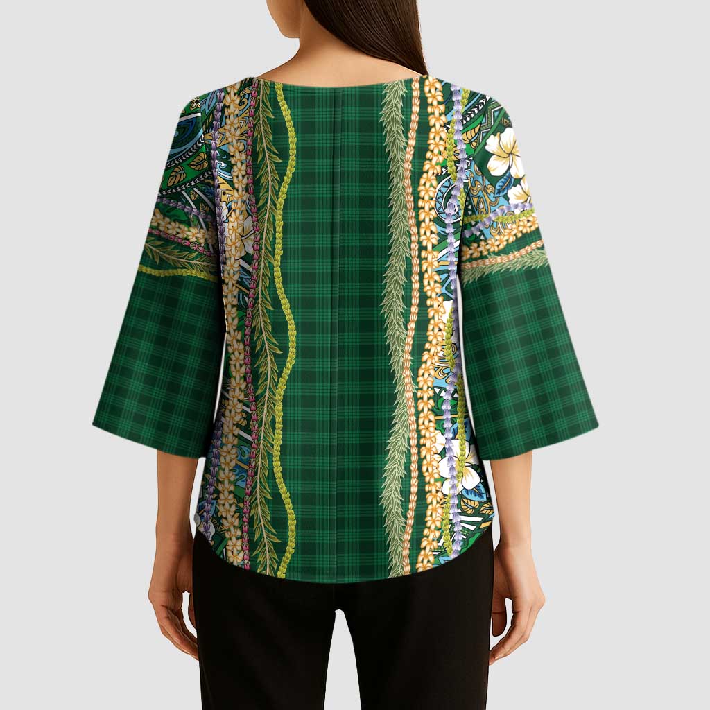 Hawaiian Art Flower Tribal with Lei Kimono Sleeve Blouse Palaka Pattern Green Color LT03 - Polynesian Pride