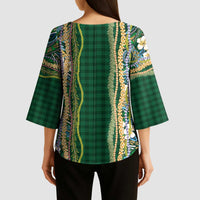 Hawaiian Art Flower Tribal with Lei Kimono Sleeve Blouse Palaka Pattern Green Color LT03 - Polynesian Pride
