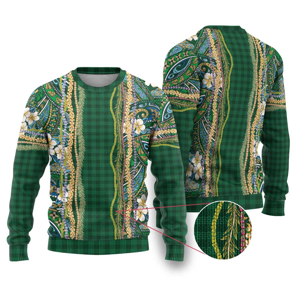 Hawaiian Art Flower Tribal with Lei Ugly Christmas Sweater Palaka Pattern Green Color - Polynesian Pride