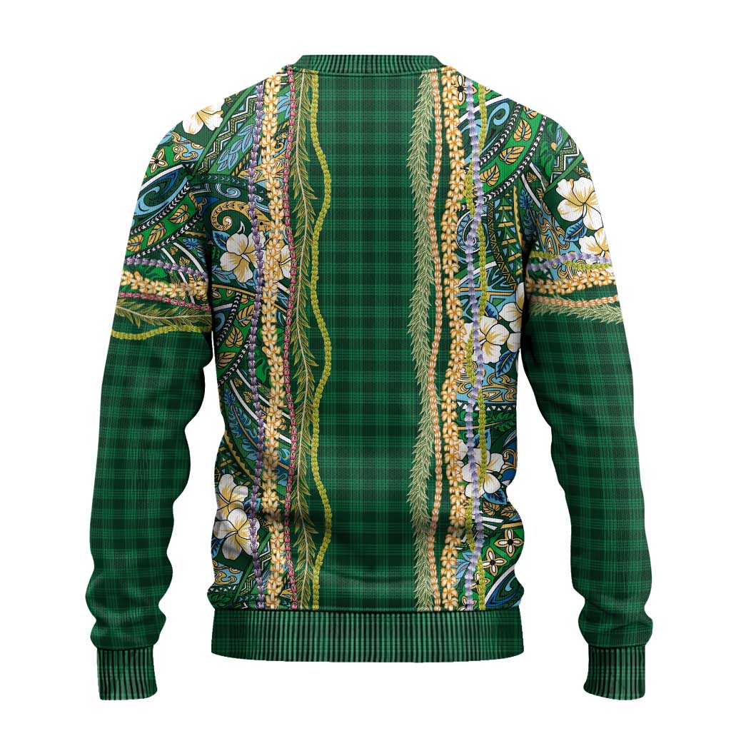 Hawaiian Art Flower Tribal with Lei Ugly Christmas Sweater Palaka Pattern Green Color - Polynesian Pride