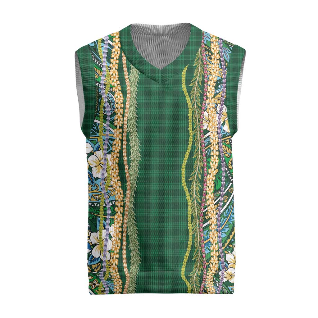 Hawaiian Art Flower Tribal with Lei Christmas Knitted V-Neck Vest Palaka Pattern Green Color - Polynesian Pride