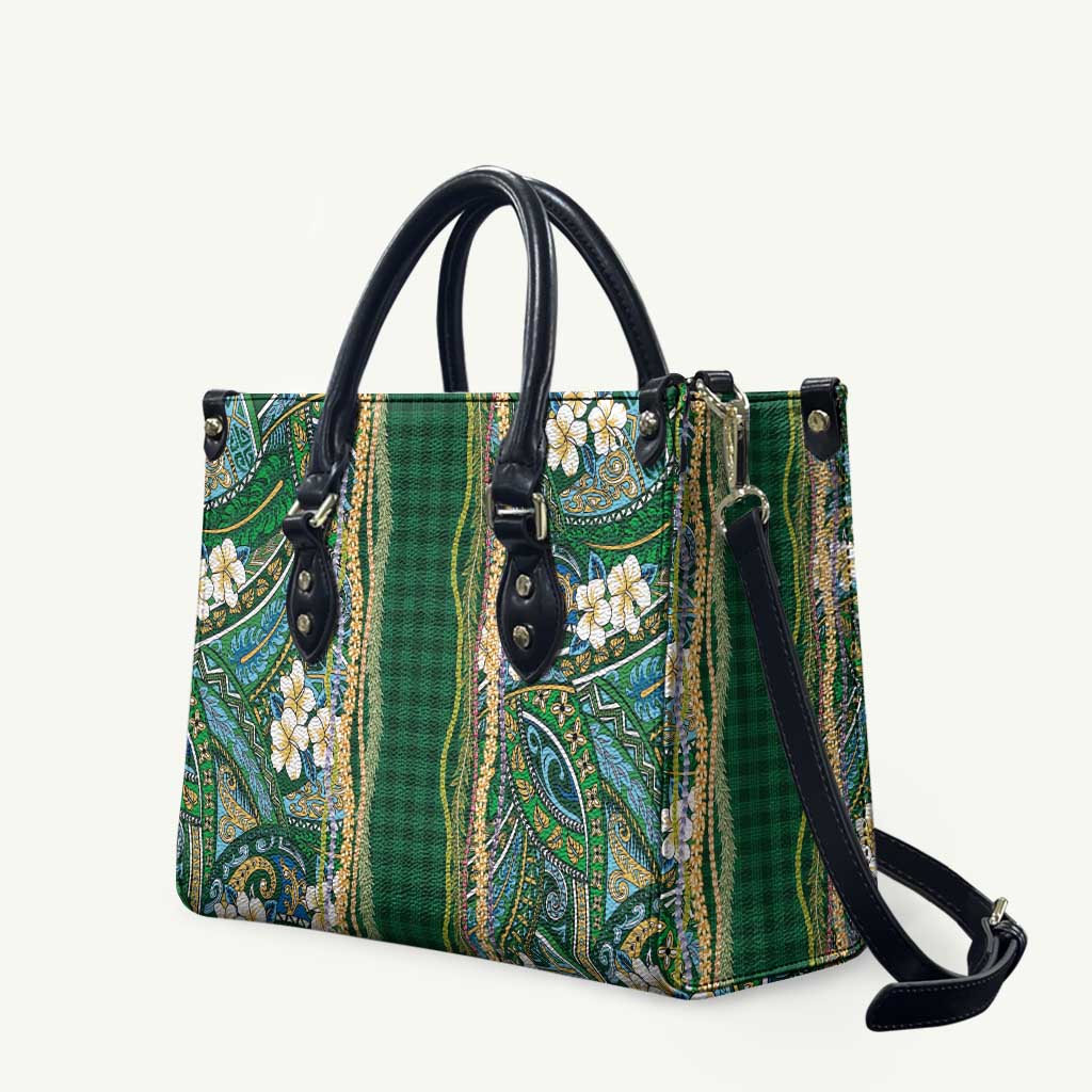 Hawaiian Art Flower Tribal with Lei Leather Bag Palaka Pattern Green Color - Polynesian Pride
