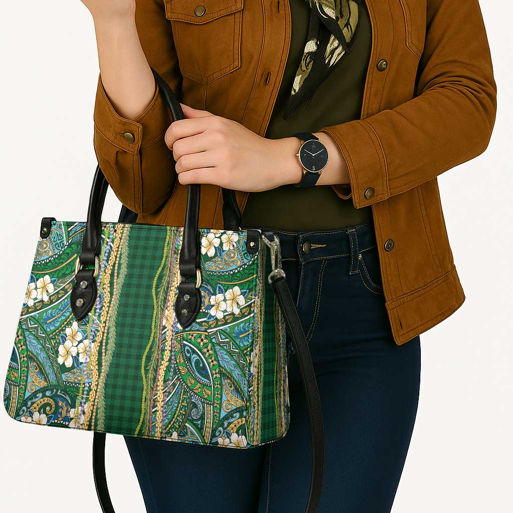 Hawaiian Art Flower Tribal with Lei Leather Bag Palaka Pattern Green Color - Polynesian Pride