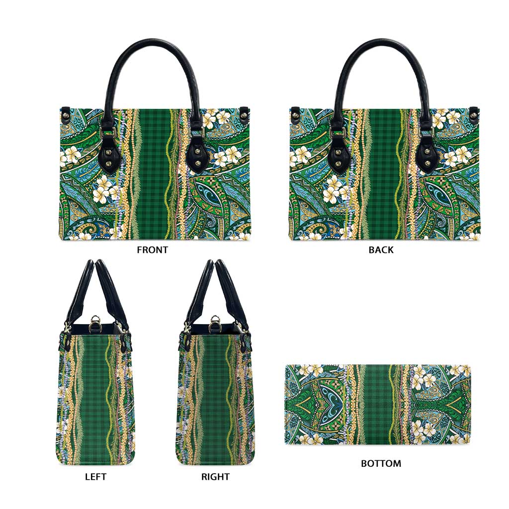 Hawaiian Art Flower Tribal with Lei Leather Bag Palaka Pattern Green Color - Polynesian Pride