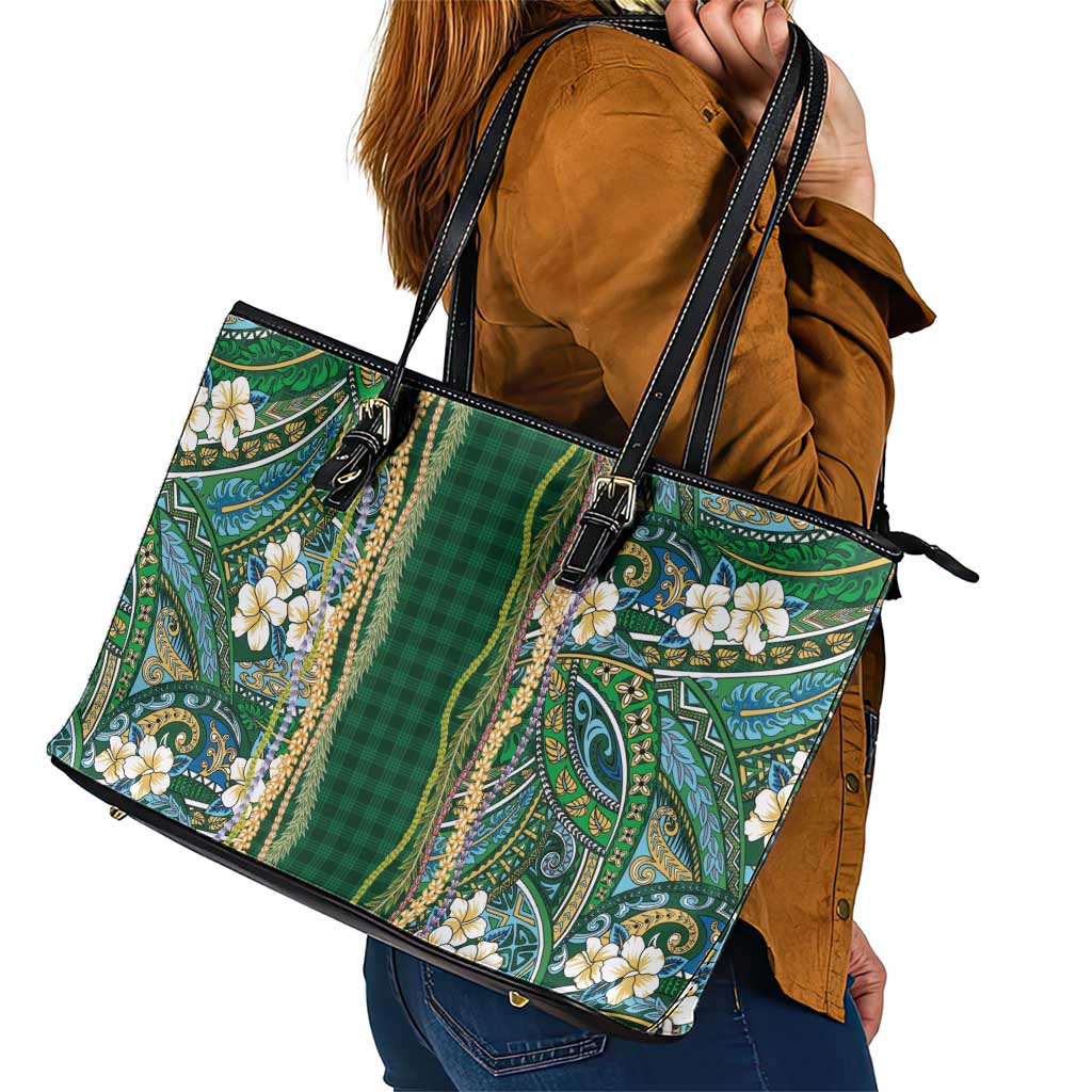 Hawaiian Art Flower Tribal with Lei Leather Tote Bag Palaka Pattern Green Color - Polynesian Pride
