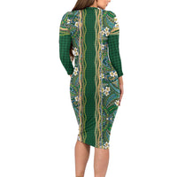 Hawaiian Art Flower Tribal with Lei Long Sleeve Bodycon Dress Palaka Pattern Green Color - Polynesian Pride
