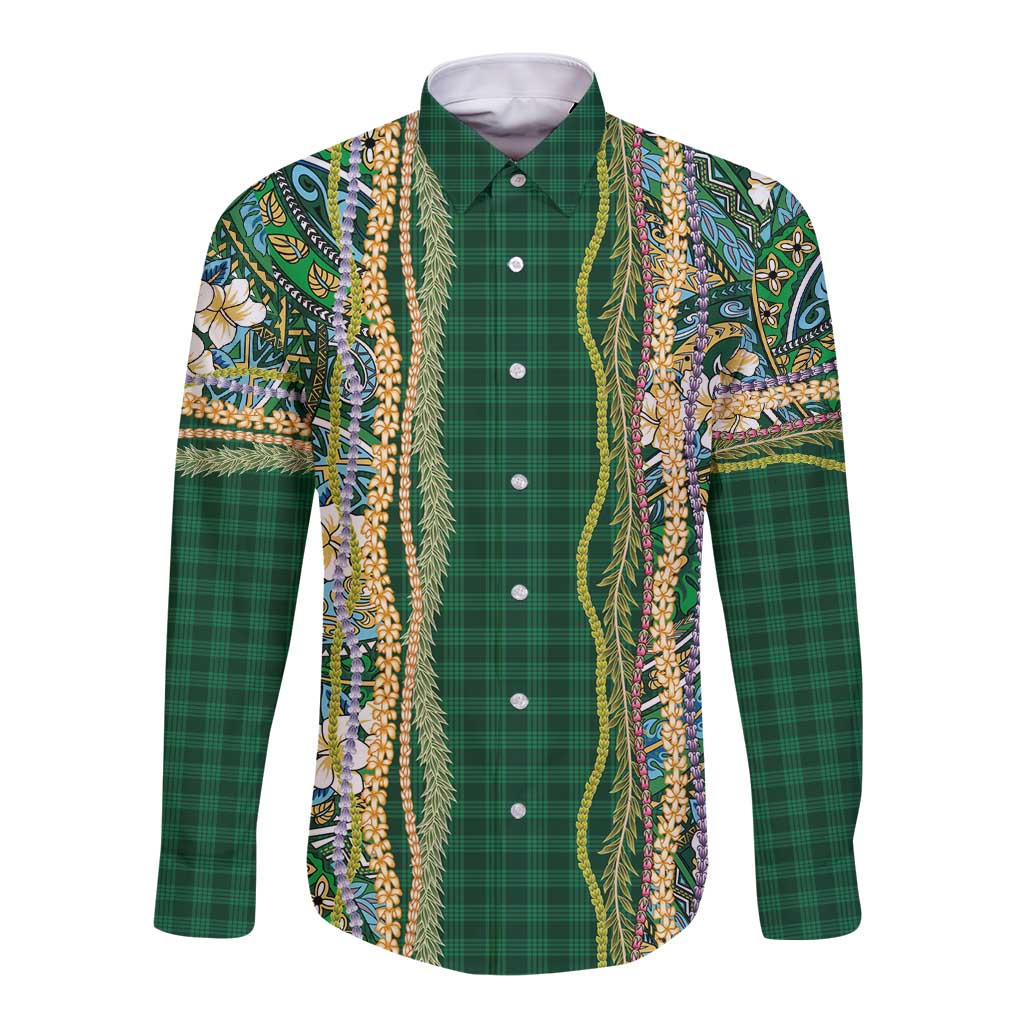 Hawaiian Art Flower Tribal with Lei Long Sleeve Button Shirt Palaka Pattern Green Color LT03 Unisex Green - Polynesian Pride