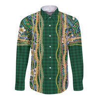 Hawaiian Art Flower Tribal with Lei Long Sleeve Button Shirt Palaka Pattern Green Color LT03 Unisex Green - Polynesian Pride
