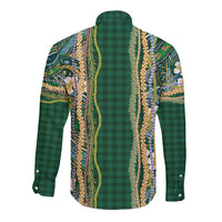 Hawaiian Art Flower Tribal with Lei Long Sleeve Button Shirt Palaka Pattern Green Color LT03 - Polynesian Pride