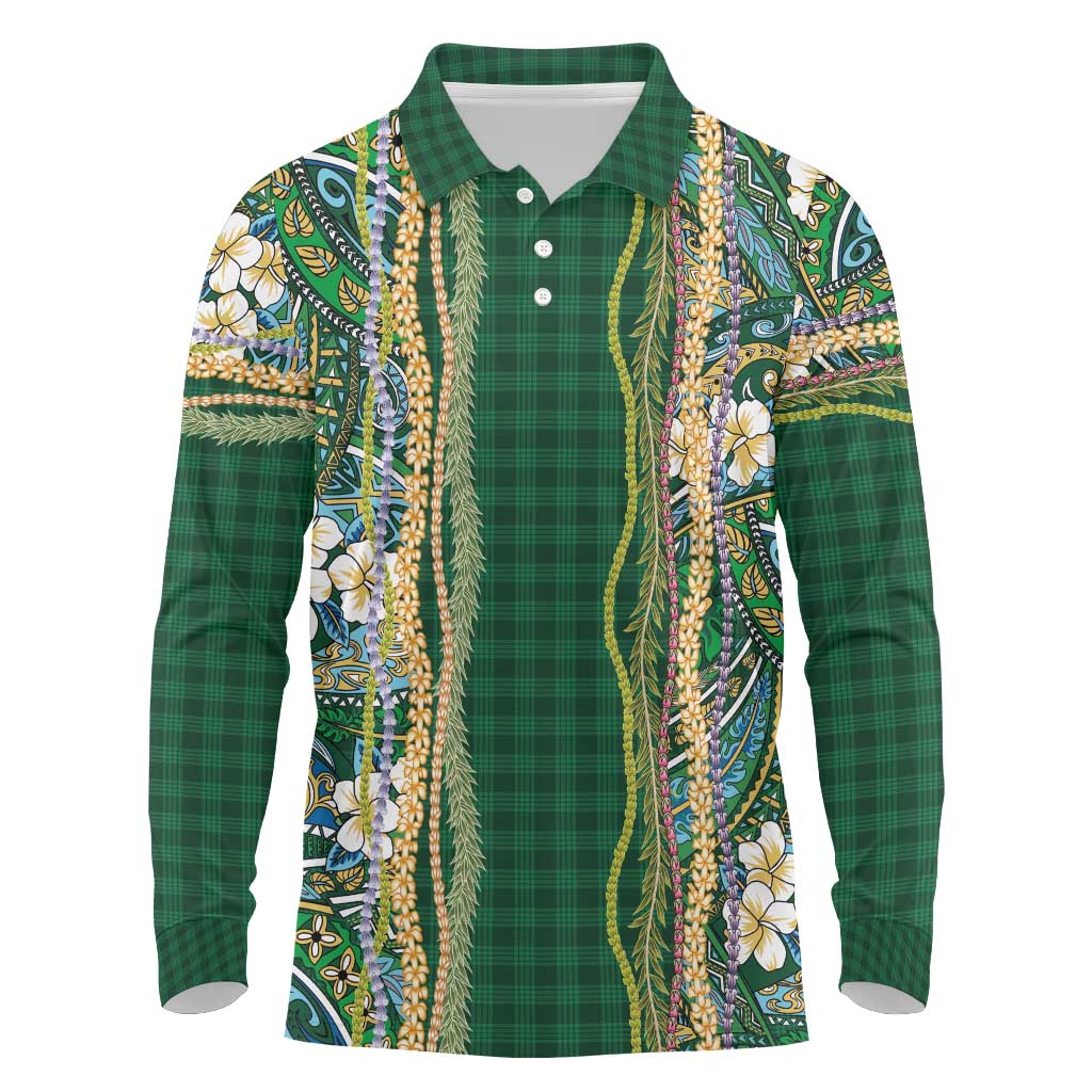 Hawaiian Art Flower Tribal with Lei Long Sleeve Polo Shirt Palaka Pattern Green Color LT03 Green - Polynesian Pride