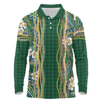 Hawaiian Art Flower Tribal with Lei Long Sleeve Polo Shirt Palaka Pattern Green Color LT03 Green - Polynesian Pride