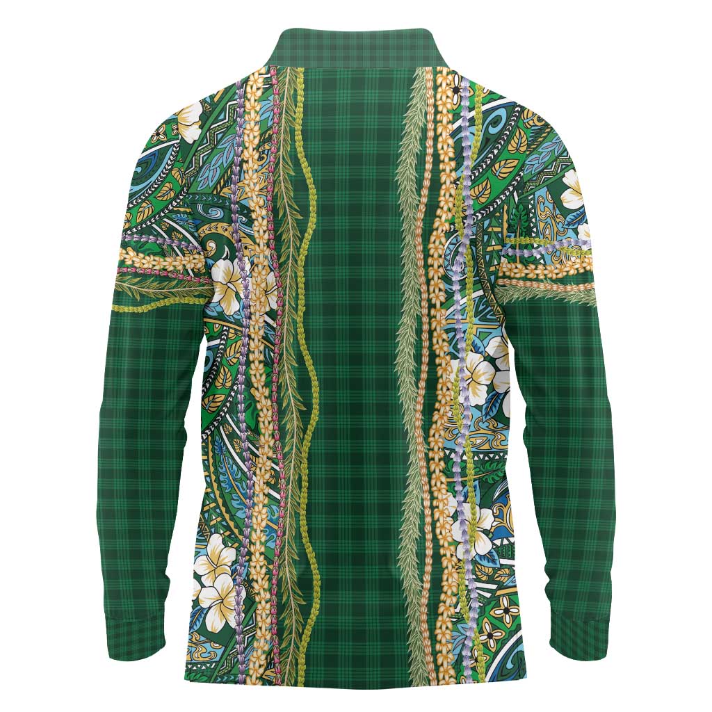 Hawaiian Art Flower Tribal with Lei Long Sleeve Polo Shirt Palaka Pattern Green Color LT03 - Polynesian Pride