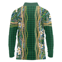 Hawaiian Art Flower Tribal with Lei Long Sleeve Polo Shirt Palaka Pattern Green Color LT03 - Polynesian Pride