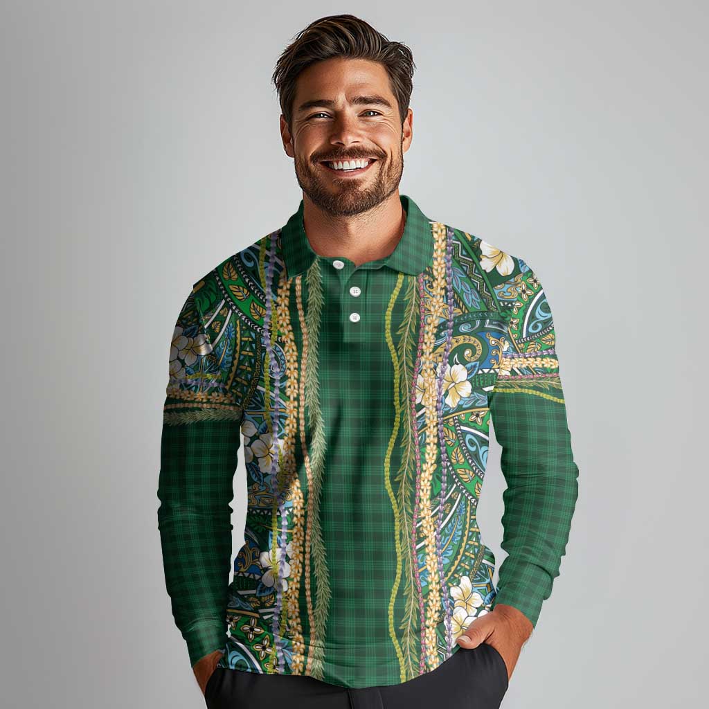 Hawaiian Art Flower Tribal with Lei Long Sleeve Polo Shirt Palaka Pattern Green Color LT03 - Polynesian Pride