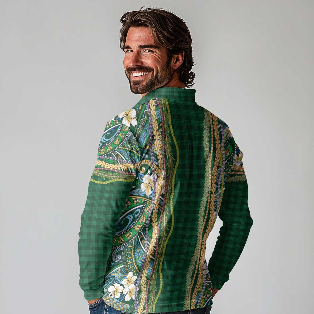 Hawaiian Art Flower Tribal with Lei Long Sleeve Polo Shirt Palaka Pattern Green Color LT03 - Polynesian Pride