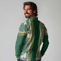 Hawaiian Art Flower Tribal with Lei Long Sleeve Polo Shirt Palaka Pattern Green Color LT03 - Polynesian Pride