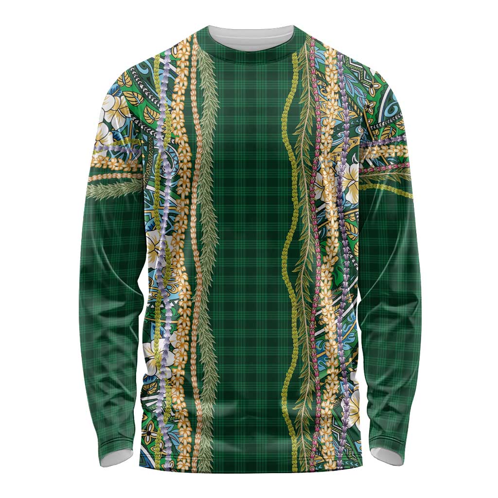 Hawaiian Art Flower Tribal with Lei Long Sleeve Shirt Palaka Pattern Green Color LT03 Unisex Green - Polynesian Pride
