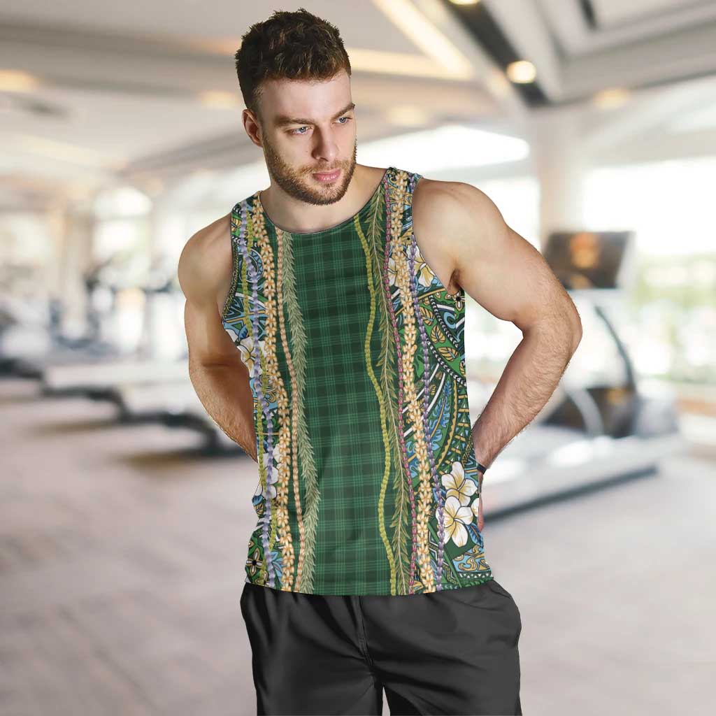 Hawaiian Art Flower Tribal with Lei Men Tank Top Palaka Pattern Green Color LT03 Green - Polynesian Pride