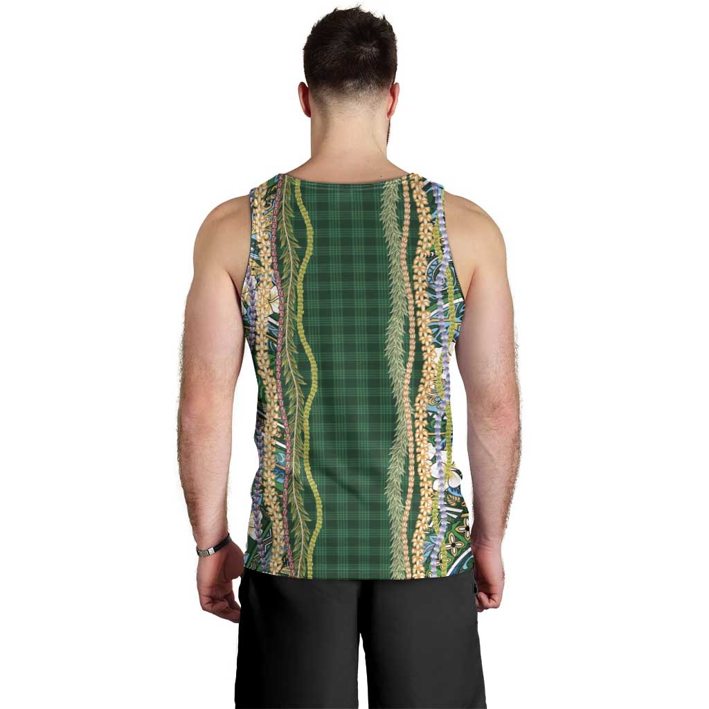 Hawaiian Art Flower Tribal with Lei Men Tank Top Palaka Pattern Green Color LT03 - Polynesian Pride