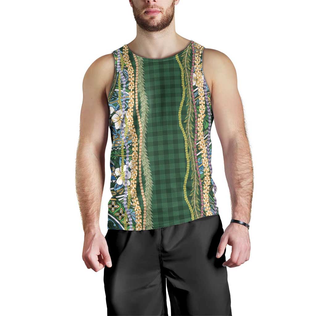 Hawaiian Art Flower Tribal with Lei Men Tank Top Palaka Pattern Green Color LT03 - Polynesian Pride