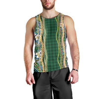 Hawaiian Art Flower Tribal with Lei Men Tank Top Palaka Pattern Green Color LT03 - Polynesian Pride
